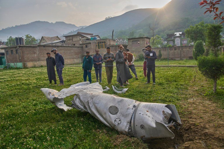 Debris of an aircraft lie in the compound of a mosque at Pampore in Pulwama district of Indian controlled Kashmir, Wednesday, May 7, 2025. (AP Photo/Dar Yasin)