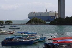 epa12662602 A cargo ship leaves a lock on the Panama Canal in Panama City, Panama, 19 January 2026. Official data showed that Panama&rsquo;s Monthly Economic Activity Index grew 4.37 percent year-on-year in November, supported by sectors including transportation, construction and finance. EPA/Carlos Lemos
