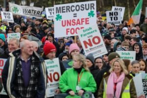 Irish farmers take part in a protest against the EU-Mercosur trade deal, in the town of Athlone on January 10, 2026.