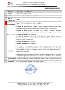 INAM alerta para chuvas intensas e trovoadas em várias províncias do país