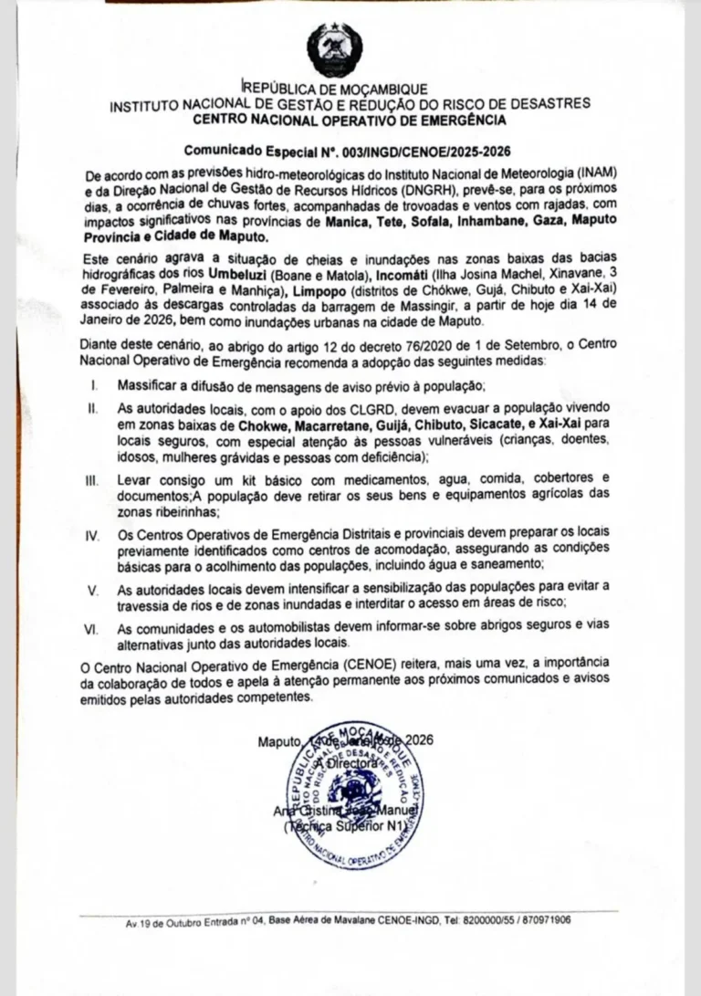 INGD alerta para risco elevado de cheias e evacuações em várias províncias do país