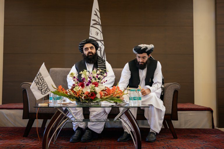 NEW DELHI, INDIA - OCTOBER 12: Afghanistan's Taliban Foreign Minister, Amir Khan Muttaqi, adresses media at a press conference on October 12, 2025 in New Delhi, India. During Muttaqi's media interaction earlier this week, the Taliban leader had come under fire for discriminatory behaviour for “not allowing” women journalists. (Photo by Elke Scholiers/Getty Images)