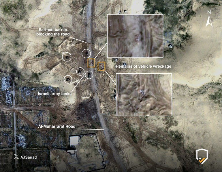 Exclusive satellite imagery obtained by Al Jazeera&rsquo;s Sanad agency reveals the destruction and burial of Palestinian Red Crescent and Civil Defence vehicles in Rafah. [Sanad/Al Jazeera]