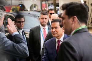 United States Secretary of State Marco Rubio, centre, arrives for the Munich Security Conference in Munich, Germany on February 13, 2026.