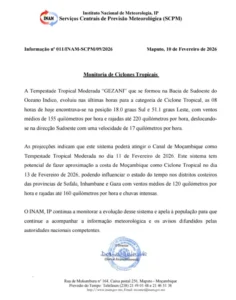 Ciclone Tropical GeZANI pode atingir a costa de Moçambique a 13 de Fevereiro