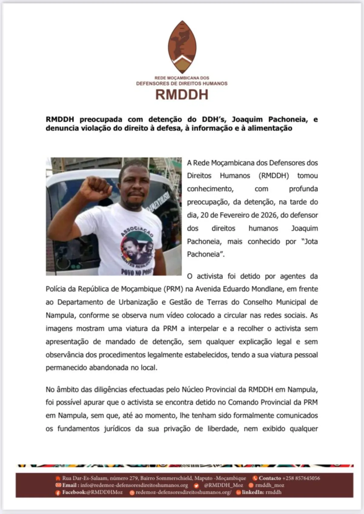 RMDDH denuncia alegadas violações na detenção de activista em Nampula