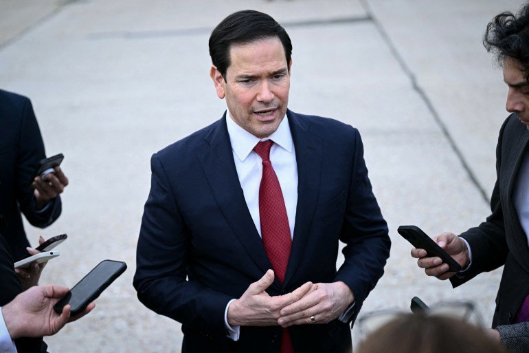 US Secretary of State Marco Rubio speaks to the press following a G7 Foreign Ministers' meeting with Partner Countries before his departure at the Bourget airport in Le Bourget, outside Paris, on March 27, 2026.