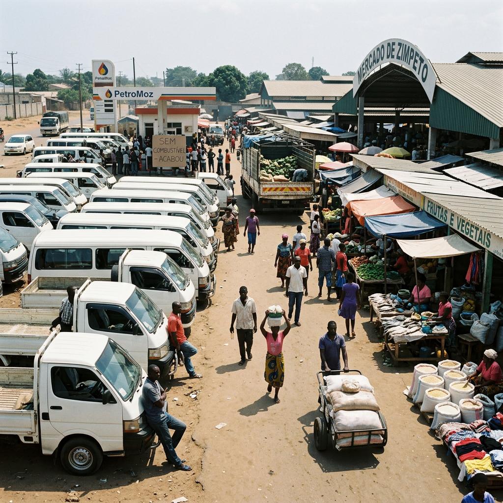 Busy outdoor market with people, white trucks, and a sign at a gas station saying no fuel available