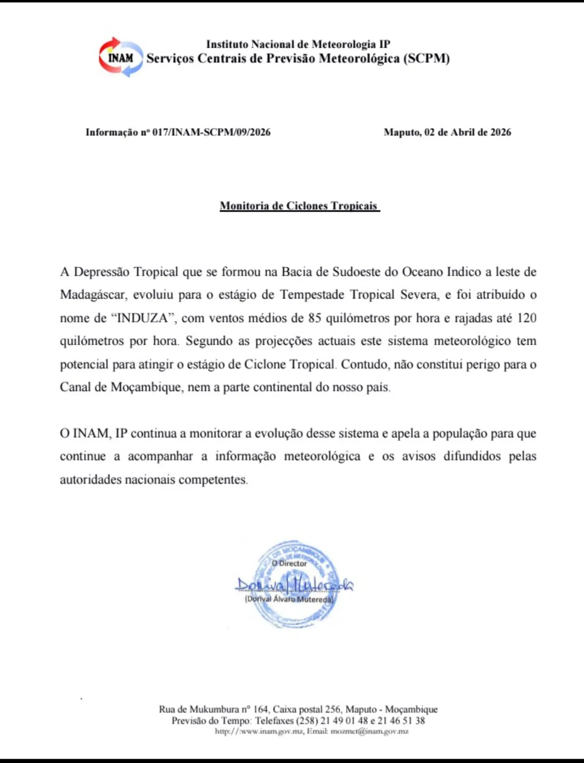 Tempestade tropical “Induza” pode evoluir para ciclone, mas não ameaça Moçambique