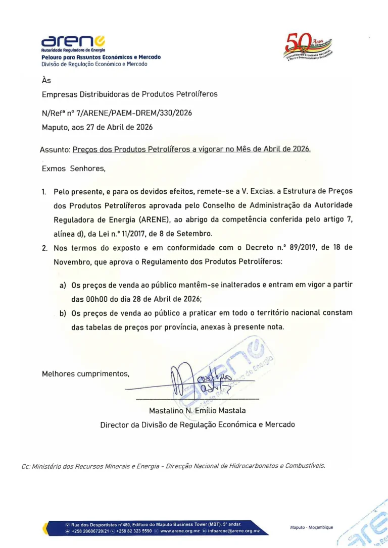 ARENE mantém inalterados preços dos combustíveis a partir de 28 de Abril