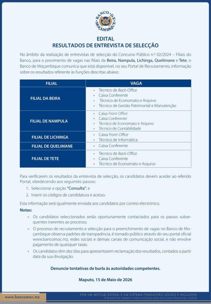 Banco de Moçambique divulga resultados de recrutamento para filiais regionais