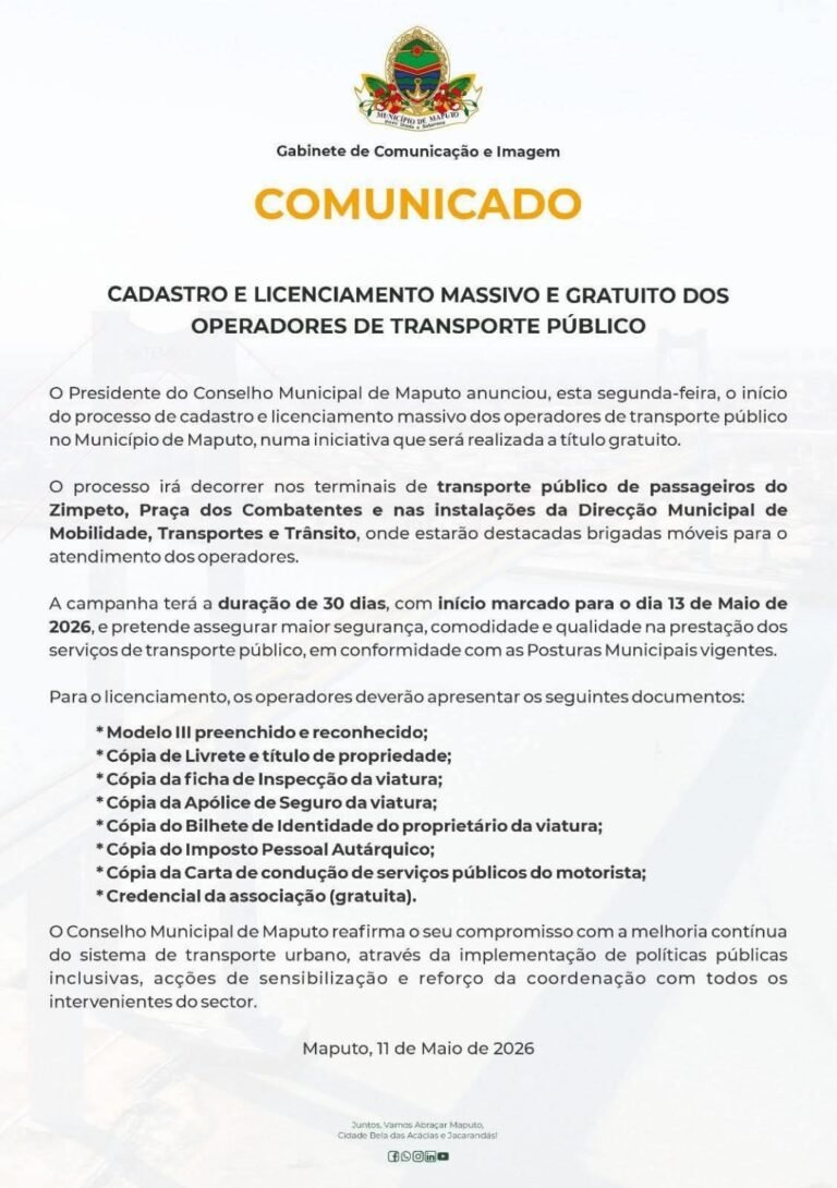 Conselho Municipal de Maputo lança campanha gratuita de cadastro e licenciamento de operadores de transporte público