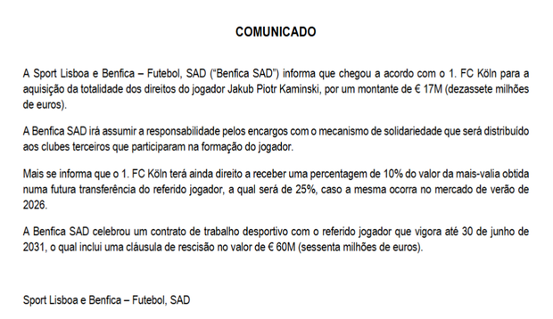 Benfica paga €17 M por Kaminski: a cláusula de rescisão e outros detalhes