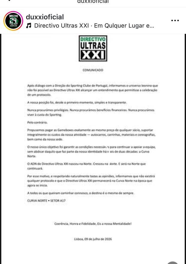 Sporting: Diretivo Ultras XXI recusa protocolo